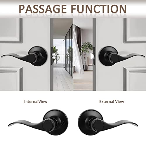 Probrico (6 Pack Passage Door Lever [Non-Locking Lever Set], Non-Locking Door Handle Set for Hallway or Closets, Keyless Black Finish Wave Door Lock, Reversible Right & Left Side Handed