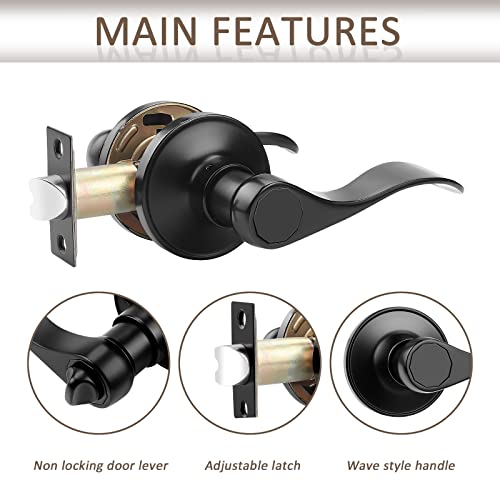 Probrico (6 Pack Passage Door Lever [Non-Locking Lever Set], Non-Locking Door Handle Set for Hallway or Closets, Keyless Black Finish Wave Door Lock, Reversible Right & Left Side Handed