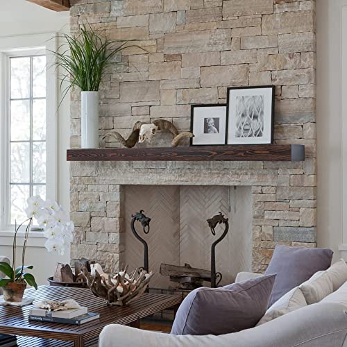 Fireplace Mantel | 60" W Wood Floating Shelves | Handcrafted Hollow Distressed Beam | Wall Mounted Wooden Display Shelfing | with Invisible Heavy Duty Metal Bracket | 60W x 3H x 8D, Dark Walnut