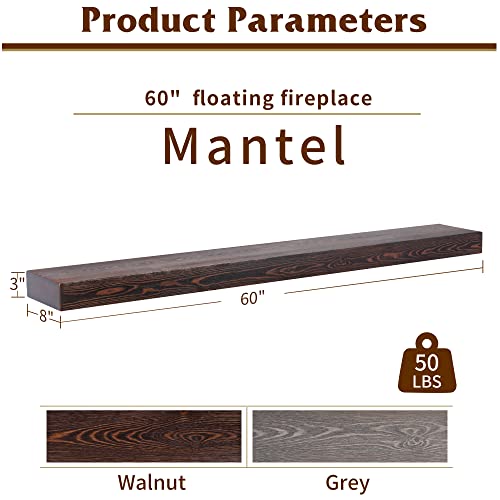 Fireplace Mantel | 60" W Wood Floating Shelves | Handcrafted Hollow Distressed Beam | Wall Mounted Wooden Display Shelfing | with Invisible Heavy Duty Metal Bracket | 60W x 3H x 8D, Dark Walnut