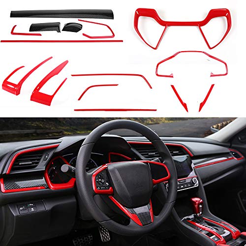 BOYUER 15PCS Civic Interior Full Accessories Center Console Gear Box Cover Trim Steering Wheel Trims Decoration Stickers for 10th Gen Honda Civic 2021 2020 2019 2018 2017 2016(RED)