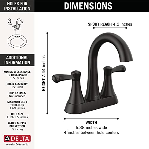 Delta Faucet Esato Matte Black Bathroom Faucet, Centerset Bathroom Faucet Black, Bathroom Sink Faucet, Drain Assembly Included, Matte Black 25897LF-BL