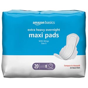 amazon basics thick maxi pads with flexi-wings for periods, extra heavy overnight absorbency, unscented, size 5, 20 count, 1 pack (previously solimo)