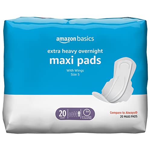 Amazon Basics Thick Maxi Pads with Flexi-Wings for Periods, Extra Heavy Overnight Absorbency, Unscented, Size 5, 20 Count, 1 Pack (Previously Solimo)