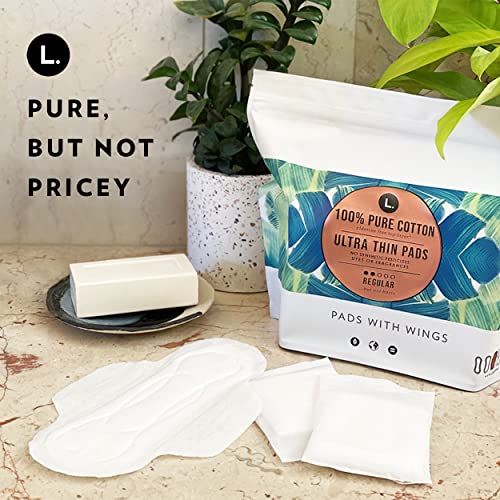 L. Organic Cotton Ultra Thin Pads For Women, Regular Absorbency, Free From Chlorine Bleaching Pesticides Fragrances Or Dyes, 84 Count