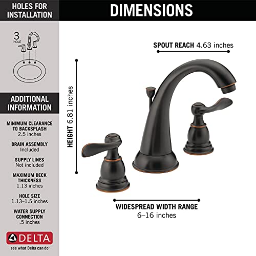 Delta Faucet Windemere Widespread Bathroom Faucet Oil Rubbed Bronze, Bathroom Faucet 3 Hole, Metal Drain Assembly, Oil Rubbed Bronze B3596LF-OB