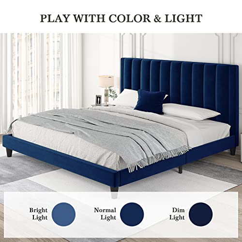 HOOMIC Queen Size Platform Bed Frame with Velvet Upholstered Plush Vertical Channel Headboard, No Box Spring Needed, Easy Assembly,Navy Blue