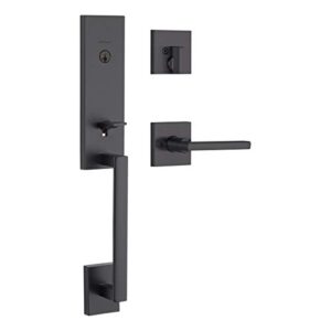 kwikset vancouver low profile front lock handleset with microban including slim modern halifax door lever handle featuring smartkey security, iron black 98180-015
