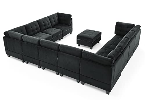 Melpomene 142'' U-Shape Velvet Sectional Sofa Couch，DIY Combination Includes 7 Single Chair 4 Corner and 1 Ottoman, Living Room Furniture Set for Villa & House,Black