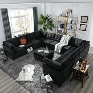 melpomene 142” u-shape velvet sectional sofa couch，diy combination includes 7 single chair 4 corner and 1 ottoman, living room furniture set for villa & house,black