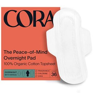 cora organic pads | ultra thin period pads with wings | overnight absorbency | ultra-absorbent sanitary pads for women | 100% organic cotton topsheet (36 count)