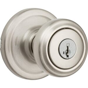 kwikset cameron keyed entry door knob with microban antimicrobial protection featuring smartkey security in satin nickel