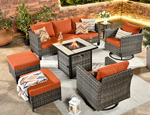 ovios Patio Furniture Set 7 PCS Outdoor Wicker Rattan Sofa Set with 360 Degree Swivel Rocking Chairs 30 Inch Gas Fire Pit Table Garden Backyard Porch (Orange Red-Grey)