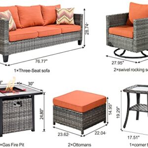 ovios Patio Furniture Set 7 PCS Outdoor Wicker Rattan Sofa Set with 360 Degree Swivel Rocking Chairs 30 Inch Gas Fire Pit Table Garden Backyard Porch (Orange Red-Grey)