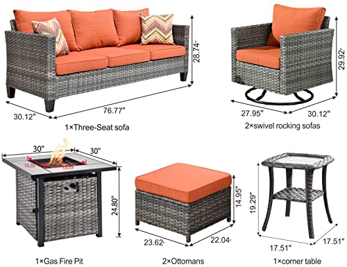 ovios Patio Furniture Set 7 PCS Outdoor Wicker Rattan Sofa Set with 360 Degree Swivel Rocking Chairs 30 Inch Gas Fire Pit Table Garden Backyard Porch (Orange Red-Grey)