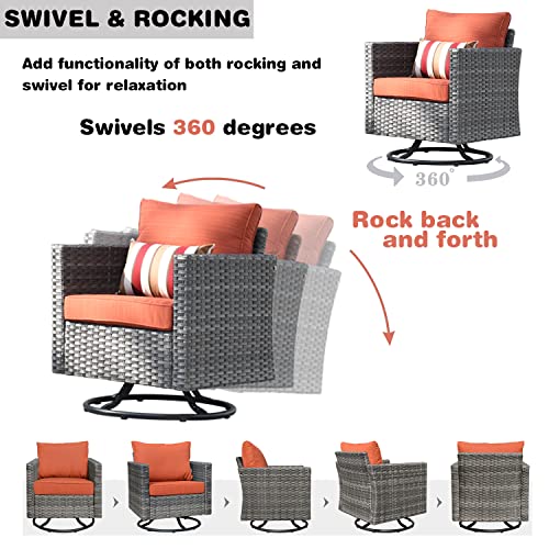 ovios Patio Furniture Set 7 PCS Outdoor Wicker Rattan Sofa Set with 360 Degree Swivel Rocking Chairs 30 Inch Gas Fire Pit Table Garden Backyard Porch (Orange Red-Grey)