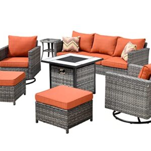 ovios Patio Furniture Set 7 PCS Outdoor Wicker Rattan Sofa Set with 360 Degree Swivel Rocking Chairs 30 Inch Gas Fire Pit Table Garden Backyard Porch (Orange Red-Grey)