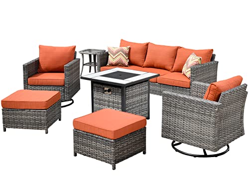 ovios Patio Furniture Set 7 PCS Outdoor Wicker Rattan Sofa Set with 360 Degree Swivel Rocking Chairs 30 Inch Gas Fire Pit Table Garden Backyard Porch (Orange Red-Grey)