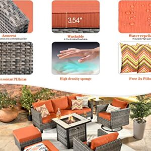 ovios Patio Furniture Set 7 PCS Outdoor Wicker Rattan Sofa Set with 360 Degree Swivel Rocking Chairs 30 Inch Gas Fire Pit Table Garden Backyard Porch (Orange Red-Grey)