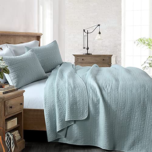 Quilt Set Queen Size Aqua Blue, Classic Geometric Spots Stitched Pattern, Stone-Washed Microfiber Chic Rustic Look, Ultra Soft Lightweight Quilted Bedspread for All Season, 3 Pieces