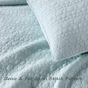 Quilt Set Queen Size Aqua Blue, Classic Geometric Spots Stitched Pattern, Stone-Washed Microfiber Chic Rustic Look, Ultra Soft Lightweight Quilted Bedspread for All Season, 3 Pieces