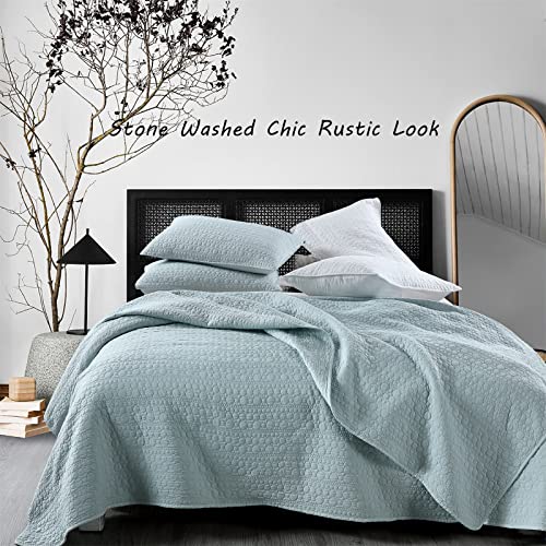 Quilt Set Queen Size Aqua Blue, Classic Geometric Spots Stitched Pattern, Stone-Washed Microfiber Chic Rustic Look, Ultra Soft Lightweight Quilted Bedspread for All Season, 3 Pieces