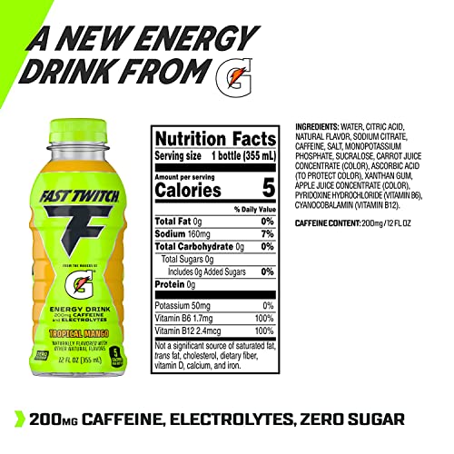 Fast Twitch Energy drink from Gatorade, Tropical Mango, 12oz Bottles, (12 Pack), 200mg Caffeine, Zero Sugar, Electrolytes