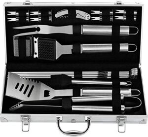 20 piece heavy duty bbq grill tools set – extra thick stainless steel spatula, fork & tongs. complete barbecue accessories kit in aluminum storage case
