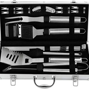 20 Piece Heavy Duty BBQ Grill Tools Set - Extra Thick Stainless Steel Spatula, Fork & Tongs. Complete Barbecue Accessories Kit in Aluminum Storage Case