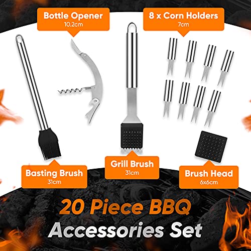 20 Piece Heavy Duty BBQ Grill Tools Set - Extra Thick Stainless Steel Spatula, Fork & Tongs. Complete Barbecue Accessories Kit in Aluminum Storage Case