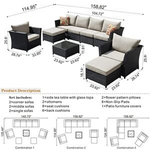 ovios Patio Furniture Set 9 PCS Outdoor Furniture PE Rattan Wicker Sectional Set with 2 Pillows and Coffee Table Backyard Garden Sofa Set, No Assembly Required (Beige)