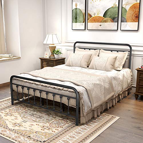 DUMEE Metal Queen Bed Frame with Headboard and Footboard Farmhouse Platform Bed Frame Queen Size Under Bed Storage No Box Spring Needed, Textured Black