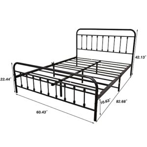 DUMEE Metal Queen Bed Frame with Headboard and Footboard Farmhouse Platform Bed Frame Queen Size Under Bed Storage No Box Spring Needed, Textured Black