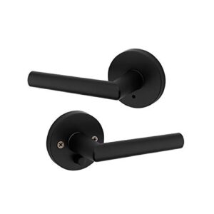kwikset 91550-030 milan door handle lever with modern contemporary slim round design for home bedroom or bathroom privacy in iron black
