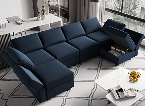 Belffin Modular Sectional Sofa U Shaped Couch with Storage Seat Reversible Sectional Sofa Couch with Chaise Velvet Blue