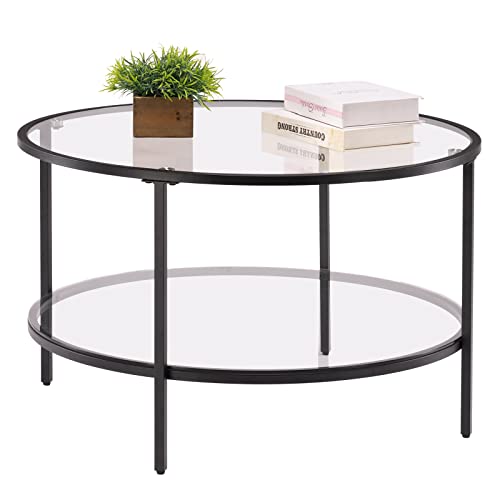 VINGLI Glass Coffee Table,30" Round Coffee Table Black Coffee Tables for Living Room,2-Tier Glass Top Coffee Table with Storage Clear Coffee Table,Simple & Modern Center Table Mesa de Centro Para Sala