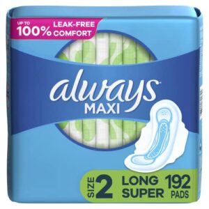 Always Maxi Feminine Pads For Women, Size 2 Long Super Absorbency, Multipack, With Wings, Unscented, 32 Count x 6 Packs (192 Count total)