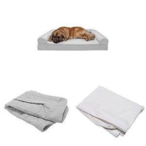 furhaven pet bundle – jumbo plus silver gray memory foam quilted quilted sofa, extra dog bed cover, & water-resistant mattress liner for dogs & cats