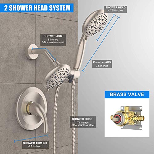 SR SUN RISE Shower System with Handheld Shower and Rain Shower Combo Set High Pressure 5-spray Dual 2 in 1 Shower Faucet Patented 3-way Diverter Brushed Nickel (Valve Include）