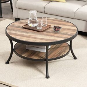 o&k furniture rustic round coffee table for living room, 2 tier industrial cocktail table with open shelving, vintage brown finish,1-pc