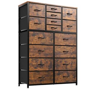 enhomee 16 drawer dresser, tall dresser for bedroom with wooden top and sturdy metal frame, large dressers & chest of drawers for bedroom closet living room entry,57.1″hx 37.4″w x 11.8″d, rustic brown