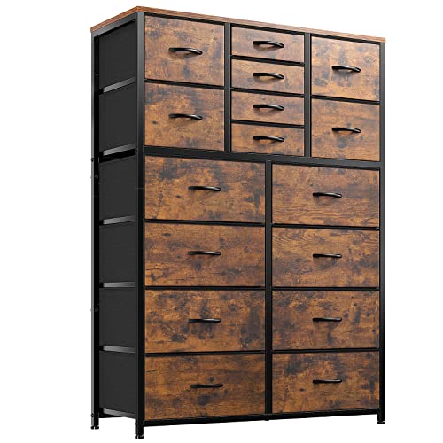 EnHomee 16 Drawer Dresser, Tall Dresser for Bedroom with Wooden Top and Sturdy Metal Frame, Large Dressers & Chest of Drawers for Bedroom Closet Living Room Entry,57.1"Hx 37.4"W x 11.8"D, Rustic Brown