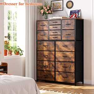 EnHomee 16 Drawer Dresser, Tall Dresser for Bedroom with Wooden Top and Sturdy Metal Frame, Large Dressers & Chest of Drawers for Bedroom Closet Living Room Entry,57.1"Hx 37.4"W x 11.8"D, Rustic Brown