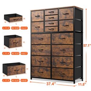 EnHomee 16 Drawer Dresser, Tall Dresser for Bedroom with Wooden Top and Sturdy Metal Frame, Large Dressers & Chest of Drawers for Bedroom Closet Living Room Entry,57.1"Hx 37.4"W x 11.8"D, Rustic Brown