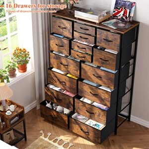 EnHomee 16 Drawer Dresser, Tall Dresser for Bedroom with Wooden Top and Sturdy Metal Frame, Large Dressers & Chest of Drawers for Bedroom Closet Living Room Entry,57.1"Hx 37.4"W x 11.8"D, Rustic Brown