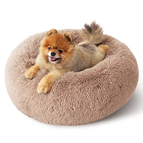 Bedsure Calming Dog Bed for Small Dogs - Donut Washable Small Pet Bed, 23 inches Anti Anxiety Round Fluffy Plush Faux Fur Large Cat Bed, Fits up to 25 lbs Pets, Camel