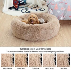 Bedsure Calming Dog Bed for Small Dogs - Donut Washable Small Pet Bed, 23 inches Anti Anxiety Round Fluffy Plush Faux Fur Large Cat Bed, Fits up to 25 lbs Pets, Camel