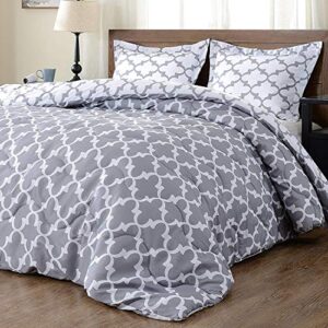 downluxe lightweight printed comforter set (king,grey) with 2 pillow shams – 3-piece set – down alternative reversible comforter