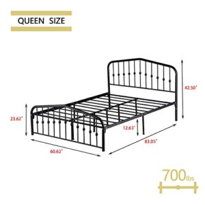 alazyhome Metal Bed Frame Queen Size Platform No Box Spring Needed with Vintage Headboard and Footboard Premium Steel Slat Support Mattress Foundation Black.