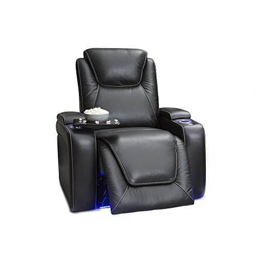 Seatcraft Equinox - Home Theater Seating - Top Grain Leather - Power Recline - Powered Headrest and Lumbar Support - Arm Storage - USB Charging - Cup Holders - Single Recliner, Black